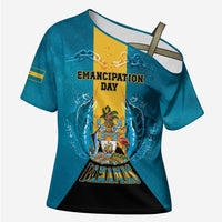 Personalized Bahamas Emancipation Day Cross Shoulder Shirt Blue Marlin With Coat Of Arms - Wonder Print Shop