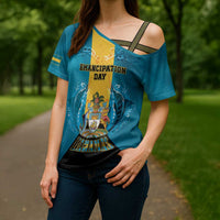 Personalized Bahamas Emancipation Day Cross Shoulder Shirt Blue Marlin With Coat Of Arms - Wonder Print Shop