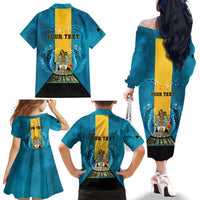 Personalized Bahamas Emancipation Day Family Matching Off The Shoulder Long Sleeve Dress and Hawaiian Shirt Blue Marlin With Coat Of Arms - Wonder Print Shop