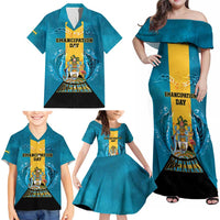 Personalized Bahamas Emancipation Day Family Matching Off Shoulder Maxi Dress and Hawaiian Shirt Blue Marlin With Coat Of Arms - Wonder Print Shop
