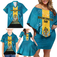 Personalized Bahamas Emancipation Day Family Matching Off Shoulder Short Dress and Hawaiian Shirt Blue Marlin With Coat Of Arms - Wonder Print Shop