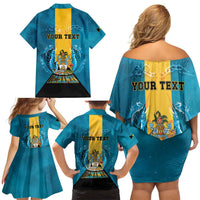Personalized Bahamas Emancipation Day Family Matching Off Shoulder Short Dress and Hawaiian Shirt Blue Marlin With Coat Of Arms - Wonder Print Shop