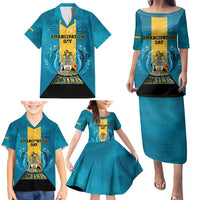 Personalized Bahamas Emancipation Day Family Matching Puletasi and Hawaiian Shirt Blue Marlin With Coat Of Arms - Wonder Print Shop