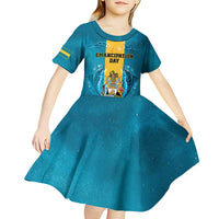 Personalized Bahamas Emancipation Day Kid Short Sleeve Dress Blue Marlin With Coat Of Arms - Wonder Print Shop