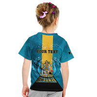 Personalized Bahamas Emancipation Day Kid T Shirt Blue Marlin With Coat Of Arms - Wonder Print Shop