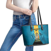 Bahamas Emancipation Day Leather Tote Bag Blue Marlin With Coat Of Arms - Wonder Print Shop