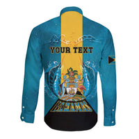 Personalized Bahamas Emancipation Day Long Sleeve Button Shirt Blue Marlin With Coat Of Arms - Wonder Print Shop
