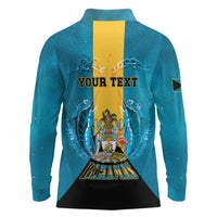 Personalized Bahamas Emancipation Day Long Sleeve Polo Shirt Blue Marlin With Coat Of Arms - Wonder Print Shop