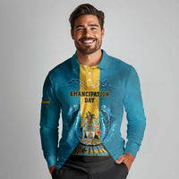 Personalized Bahamas Emancipation Day Long Sleeve Polo Shirt Blue Marlin With Coat Of Arms - Wonder Print Shop