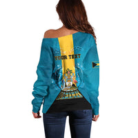 Personalized Bahamas Emancipation Day Off Shoulder Sweater Blue Marlin With Coat Of Arms - Wonder Print Shop
