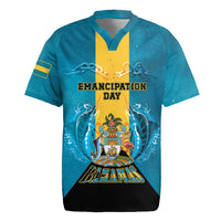 Personalized Bahamas Emancipation Day Rugby Jersey Blue Marlin With Coat Of Arms - Wonder Print Shop