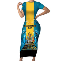 Personalized Bahamas Emancipation Day Short Sleeve Bodycon Dress Blue Marlin With Coat Of Arms - Wonder Print Shop