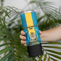 Personalized Bahamas Emancipation Day Skinny Tumbler Blue Marlin With Coat Of Arms - Wonder Print Shop