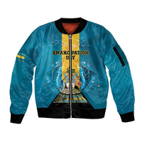 Personalized Bahamas Emancipation Day Sleeve Zip Bomber Jacket Blue Marlin With Coat Of Arms - Wonder Print Shop