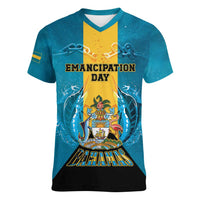 Personalized Bahamas Emancipation Day Women V-Neck T-Shirt Blue Marlin With Coat Of Arms - Wonder Print Shop