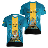 Personalized Bahamas Emancipation Day Women V-Neck T-Shirt Blue Marlin With Coat Of Arms - Wonder Print Shop