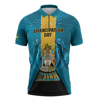 Personalized Bahamas Emancipation Day Zipper Polo Shirt Blue Marlin With Coat Of Arms - Wonder Print Shop