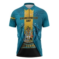 Personalized Bahamas Emancipation Day Zipper Polo Shirt Blue Marlin With Coat Of Arms - Wonder Print Shop