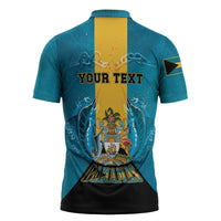 Personalized Bahamas Emancipation Day Zipper Polo Shirt Blue Marlin With Coat Of Arms - Wonder Print Shop