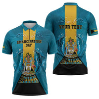 Personalized Bahamas Emancipation Day Zipper Polo Shirt Blue Marlin With Coat Of Arms - Wonder Print Shop