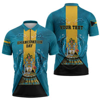 Personalized Bahamas Emancipation Day Zipper Polo Shirt Blue Marlin With Coat Of Arms - Wonder Print Shop