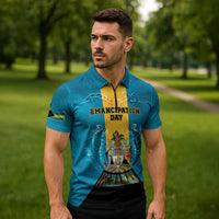 Personalized Bahamas Emancipation Day Zipper Polo Shirt Blue Marlin With Coat Of Arms - Wonder Print Shop