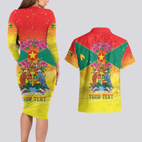 Personalized Grenada Christmas Couples Matching Long Sleeve Bodycon Dress and Hawaiian Shirt Coat Of Arms Bougainvillea Wreath - Wonder Print Shop