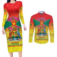 Personalized Grenada Christmas Couples Matching Long Sleeve Bodycon Dress and Long Sleeve Button Shirt Coat Of Arms Bougainvillea Wreath - Wonder Print Shop