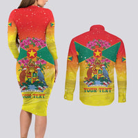 Personalized Grenada Christmas Couples Matching Long Sleeve Bodycon Dress and Long Sleeve Button Shirt Coat Of Arms Bougainvillea Wreath - Wonder Print Shop