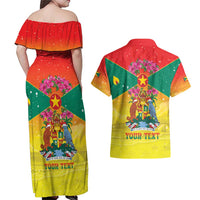 Personalized Grenada Christmas Couples Matching Off Shoulder Maxi Dress and Hawaiian Shirt Coat Of Arms Bougainvillea Wreath - Wonder Print Shop