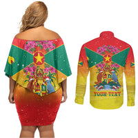 Personalized Grenada Christmas Couples Matching Off Shoulder Short Dress and Long Sleeve Button Shirt Coat Of Arms Bougainvillea Wreath - Wonder Print Shop
