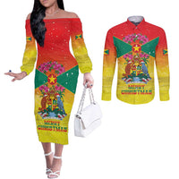 Personalized Grenada Christmas Couples Matching Off The Shoulder Long Sleeve Dress and Long Sleeve Button Shirt Coat Of Arms Bougainvillea Wreath - Wonder Print Shop