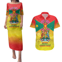 Personalized Grenada Christmas Couples Matching Puletasi and Hawaiian Shirt Coat Of Arms Bougainvillea Wreath - Wonder Print Shop