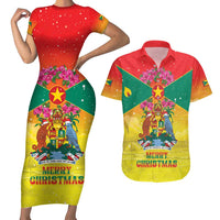 Personalized Grenada Christmas Couples Matching Short Sleeve Bodycon Dress and Hawaiian Shirt Coat Of Arms Bougainvillea Wreath - Wonder Print Shop