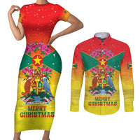 Personalized Grenada Christmas Couples Matching Short Sleeve Bodycon Dress and Long Sleeve Button Shirt Coat Of Arms Bougainvillea Wreath - Wonder Print Shop