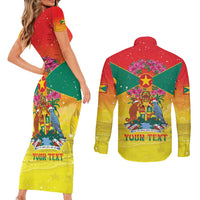 Personalized Grenada Christmas Couples Matching Short Sleeve Bodycon Dress and Long Sleeve Button Shirt Coat Of Arms Bougainvillea Wreath - Wonder Print Shop