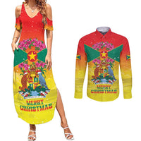 Personalized Grenada Christmas Couples Matching Summer Maxi Dress and Long Sleeve Button Shirt Coat Of Arms Bougainvillea Wreath - Wonder Print Shop