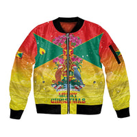 Personalized Grenada Christmas Sleeve Zip Bomber Jacket Coat Of Arms Bougainvillea Wreath - Wonder Print Shop