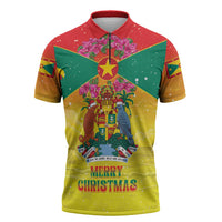 Personalized Grenada Christmas Zipper Polo Shirt Coat Of Arms Bougainvillea Wreath - Wonder Print Shop