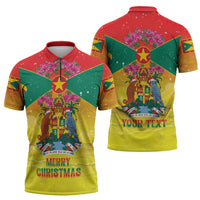 Personalized Grenada Christmas Zipper Polo Shirt Coat Of Arms Bougainvillea Wreath - Wonder Print Shop
