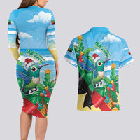 Martinique Christmas Couples Matching Long Sleeve Bodycon Dress and Hawaiian Shirt Santa Hummingbird - Wonder Print Shop