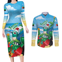 Martinique Christmas Couples Matching Long Sleeve Bodycon Dress and Long Sleeve Button Shirt Santa Hummingbird - Wonder Print Shop