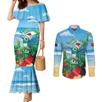 Martinique Christmas Couples Matching Mermaid Dress and Long Sleeve Button Shirt Santa Hummingbird - Wonder Print Shop