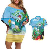 Martinique Christmas Couples Matching Off Shoulder Short Dress and Hawaiian Shirt Santa Hummingbird - Wonder Print Shop