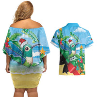 Martinique Christmas Couples Matching Off Shoulder Short Dress and Hawaiian Shirt Santa Hummingbird - Wonder Print Shop