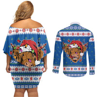 Scotland Christmas Couples Matching Off Shoulder Short Dress and Long Sleeve Button Shirt Mooey Xmas Highland Cow LT05 - Wonder Print Shop