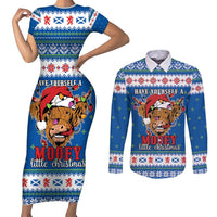 Scotland Christmas Couples Matching Short Sleeve Bodycon Dress and Long Sleeve Button Shirt Mooey Xmas Highland Cow LT05 - Wonder Print Shop