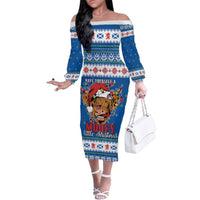 Scotland Christmas Family Matching Off The Shoulder Long Sleeve Dress and Hawaiian Shirt Mooey Xmas Highland Cow LT05 - Wonder Print Shop