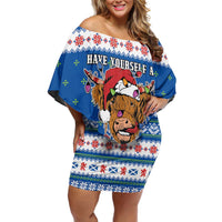 Scotland Christmas Family Matching Off Shoulder Short Dress and Hawaiian Shirt Mooey Xmas Highland Cow LT05 - Wonder Print Shop
