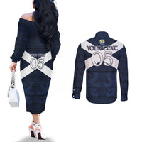 Custom Scotland Tartan Football Couples Matching Off The Shoulder Long Sleeve Dress and Long Sleeve Button Shirt Flag Style - Wonder Print Shop